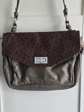 Christopher Kon Leather Ostrich Embossed Flap Shoulder Bag Brown Taupe